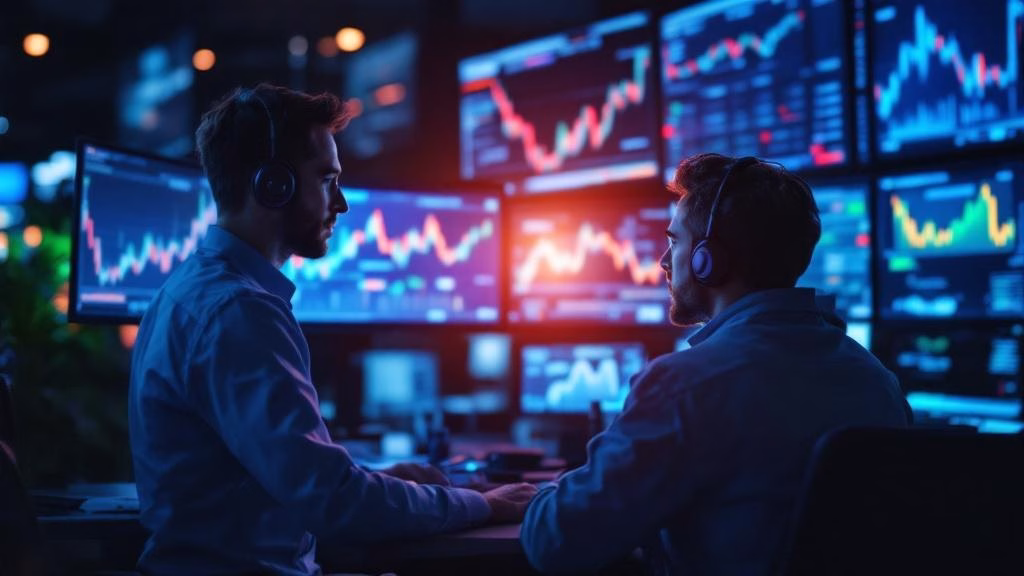 Cybersecurity sector stock market analysis on trading screens
