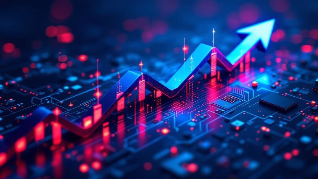 technology stocks decline visualization with falling arrows on circuit board