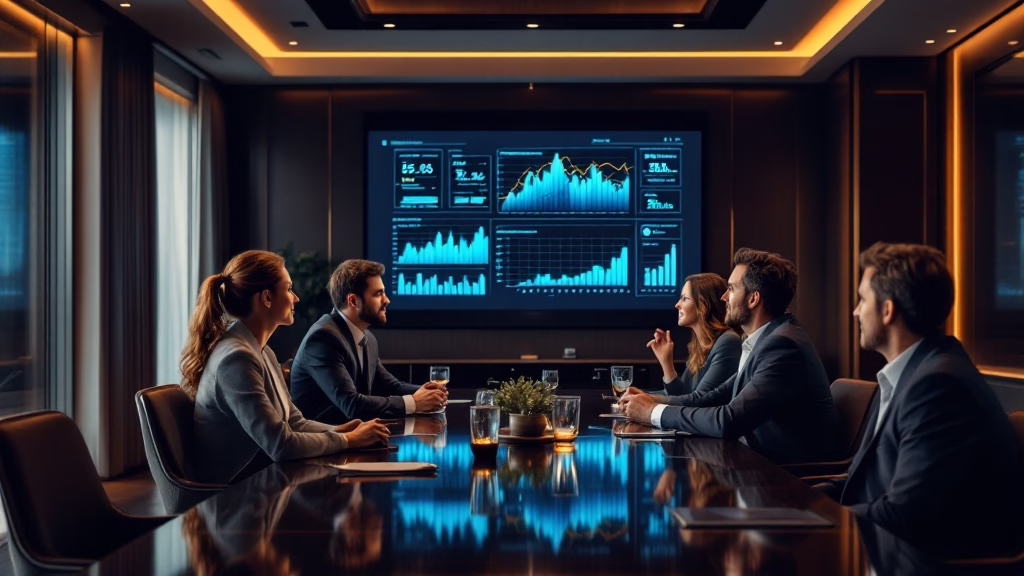 Multi-generational family office investment committee meeting with AI data visualization on boardroom screen, principals reviewing portfolio strategy, dark polished wood table and warm gold interior