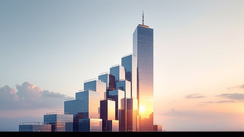 RIA M&A Concentration: The Average Seller Now Manages $1.16 Billion RIA M&A consolidation concept, small advisory firm buildings merging into one large gleaming wealth management tower at dawn
